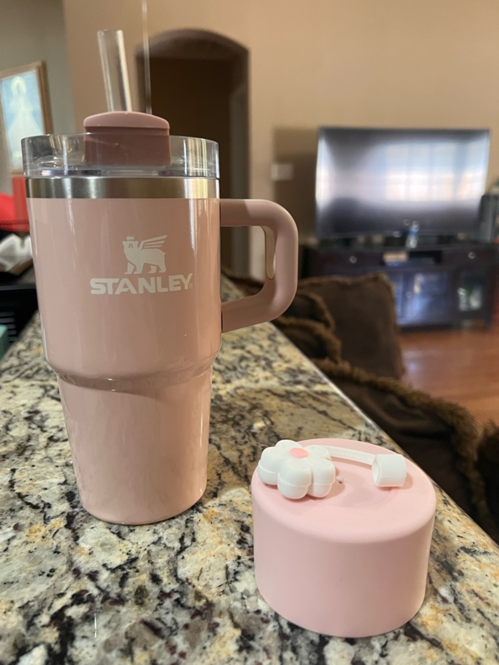 Stanley Blush Pink Travel Tumbler with Floral Accent Lid